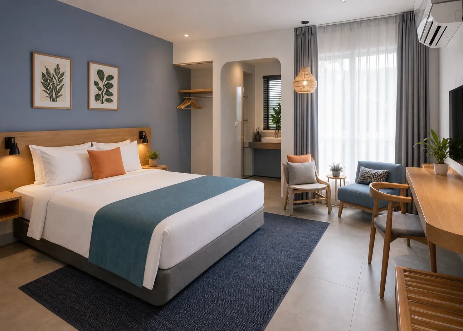 Comfort Room เตียงควีนและมุมนั่งเล่นข้างหน้าต่าง