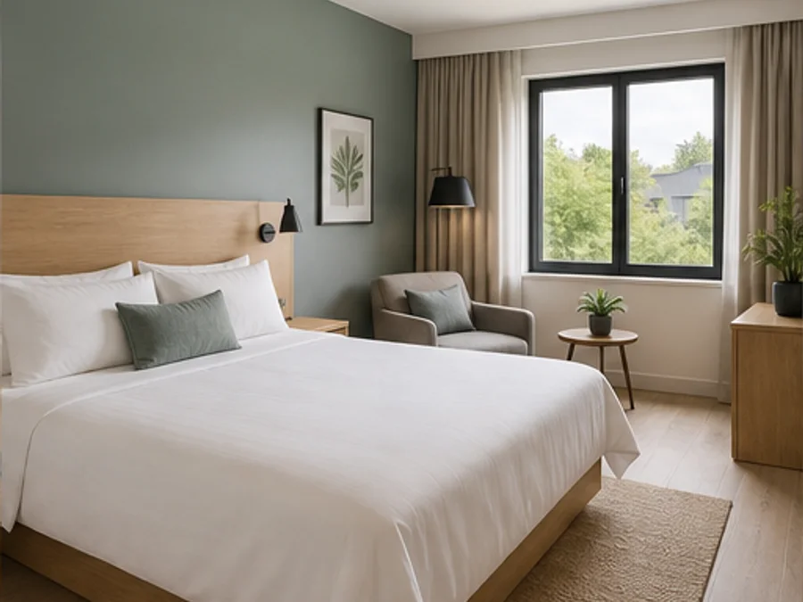 ห้อง Deluxe Room เตียงคิงและมุมนั่งเล่นริมหน้าต่าง