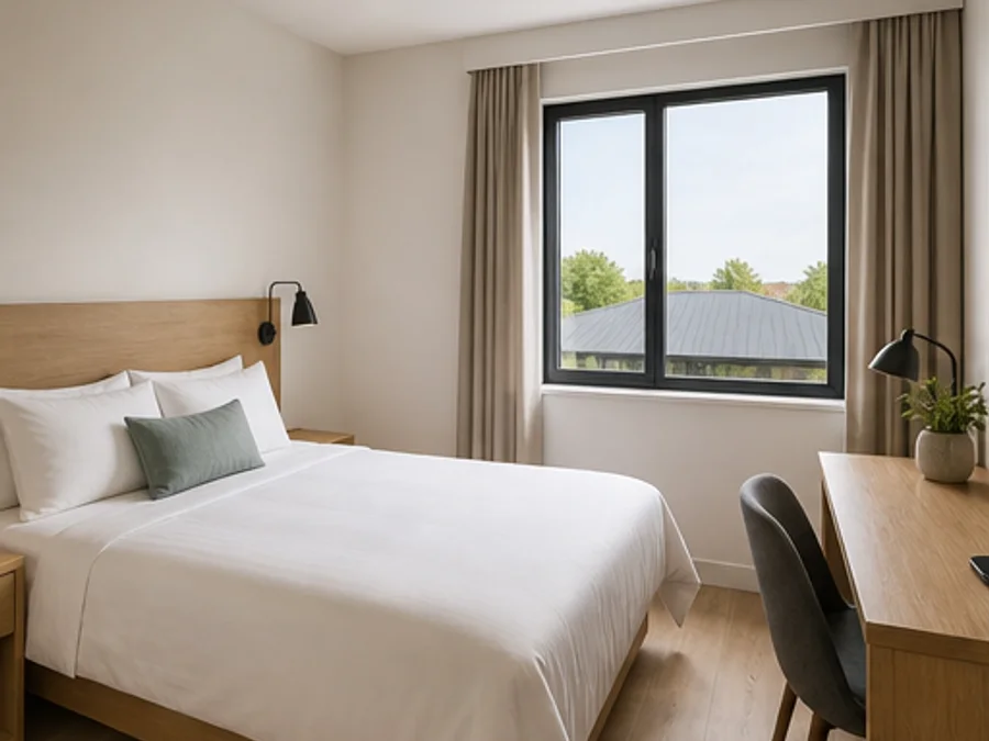 ห้อง Standard Room เตียงควีนและโต๊ะทำงานขนาดกะทัดรัด